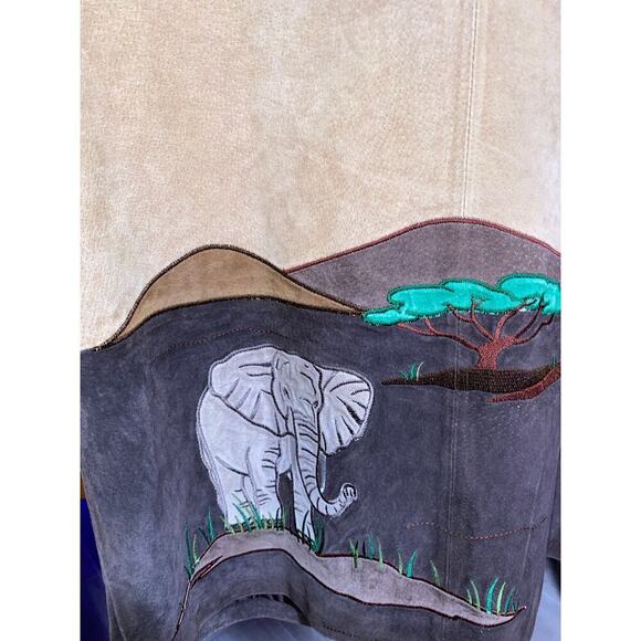 Vintage 80s Leather Jacket Sz S Tan Western Safari Whimsical Animal Patchwork - Picture 3 of 8